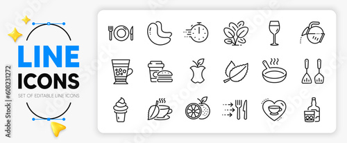 Food, Food delivery and Frappe line icons set for app include Ice cream, Cooking timer, Mint leaves outline thin icon. Orange, Love coffee, Wine glass pictogram icon. Cashew nut. Vector