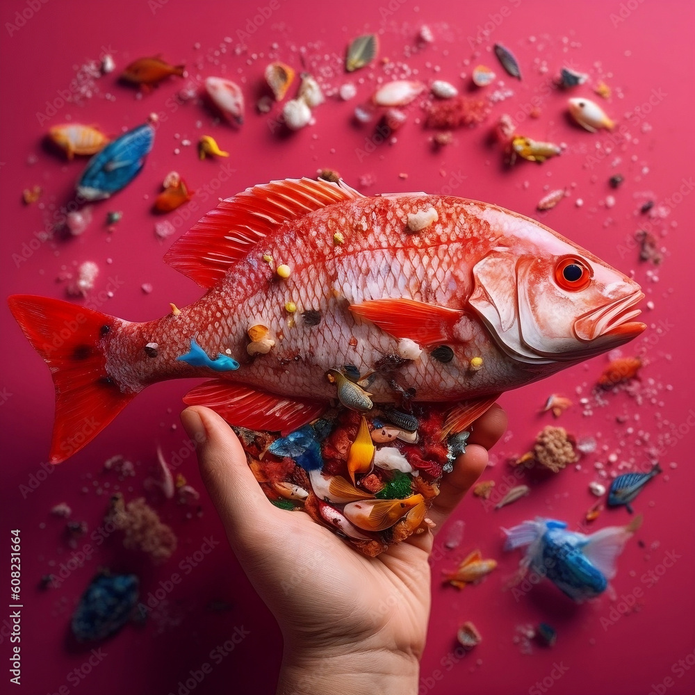 Fototapeta premium Pollution from microplastics in the flesh of marine fish poses a serious concern to human health.created by Generative AI.