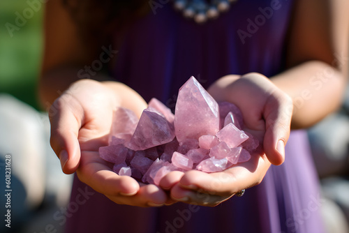 Amethyst in the hands of a woman who is interested in science for healing and rituals. AI created.