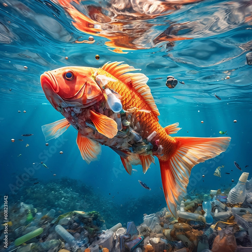 Fish in the sea polluted by microplastics,created by Generative AI.