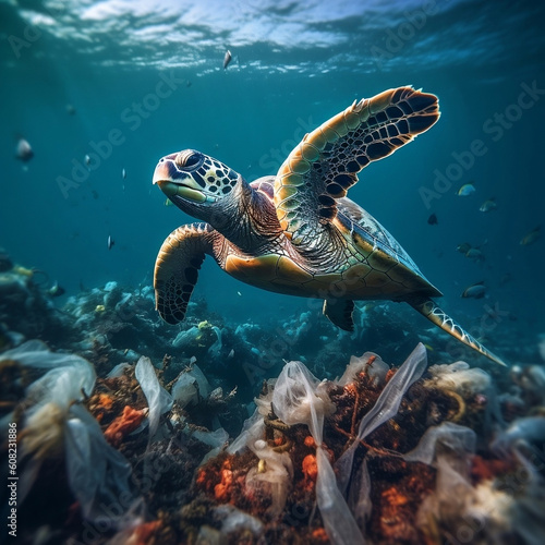 Pollution from tiny microplastics has a direct impact on sea turtles,created by Generative AI.