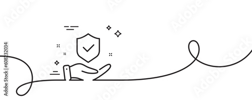 Insurance hand line icon. Continuous one line with curl. Risk coverage sign. Policyholder protection symbol. Insurance hand single outline ribbon. Loop curve pattern. Vector