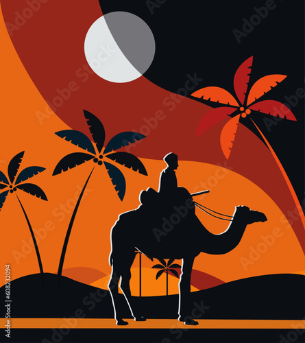 arabian man walk with camel in dessert, animal pet in east asia in cartoon illustrtion vector design.