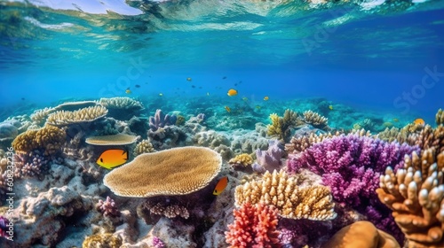 Delve into the enchanting realm of a bustling coral reef  where a symphony of activity unfolds as myriad species of fish  corals  and other marine organisms interact. Generated by AI.