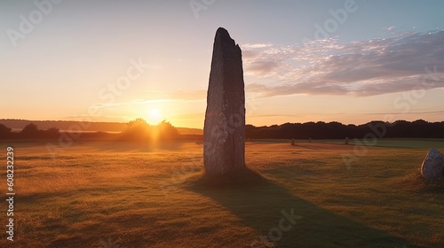 Witness the breathtaking beauty of a magical sunrise illuminating the pagan standing stones, as if the world itself comes alive with ancient mysticism. Generated by AI.