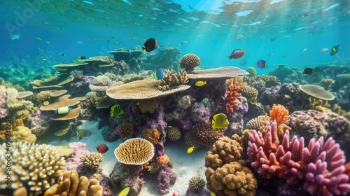 Dive into the vibrant world of a bustling coral reef, teeming with a kaleidoscope of colorful marine life, where each organism plays a vital role in maintaining. Generated by AI.