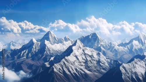 A majestic mountain range commands attention as its snow-capped peaks pierce the sky. The sheer magnitude of these towering giants evokes a sense of awe and wonder. Generated by AI. © Кирилл Макаров
