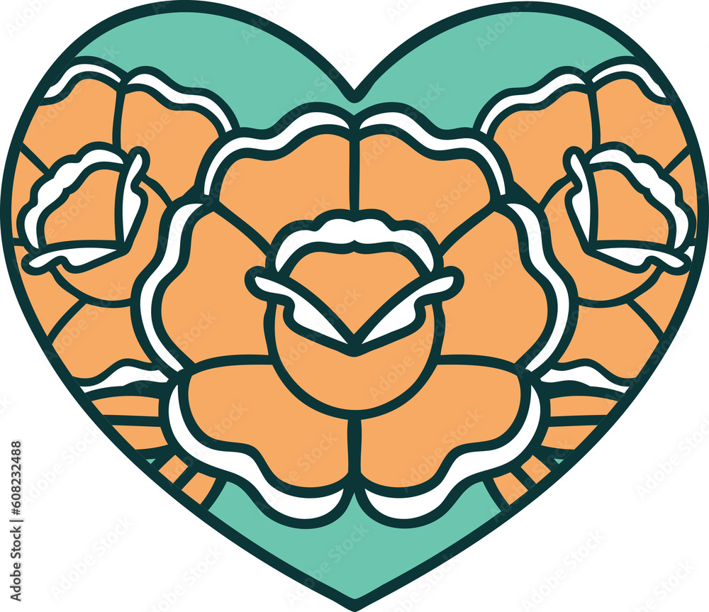 iconic tattoo style image of a heart and flowers iconic tattoo style image of a heart and flowers