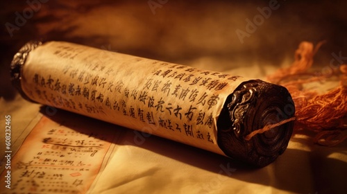 Behold an ancient scroll, holding within its weathered pages forbidden knowledge, guarded through the ages due to its dangerous and powerful contents. Generated by AI.