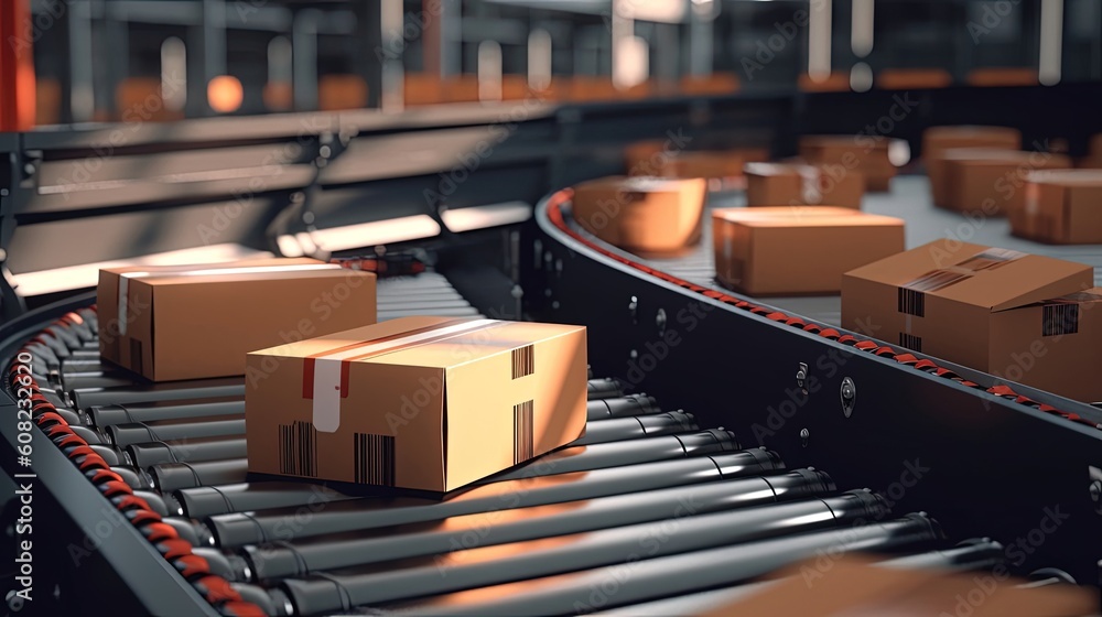Within a modern logistics facility, an automated conveyor belt system efficiently handles the transportation of packages. Generated by AI.
