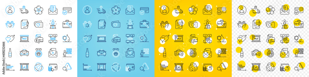 Vector icons set of Agreement document, Delivery truck and Accounting report line icons pack for web with Avatar, Horizontal chart, Sale outline icon. Wash hands, Beer bottle. Vector Vector icons set of Agreement document, Delivery truck and Accounting report line icons pack for web with Avatar, Horizontal chart, Sale outline icon. Wash hands, Beer bottle. Vector