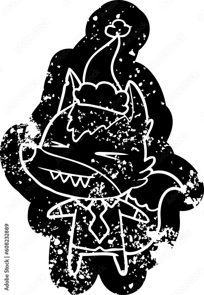 Fototapeta premium angry wolf boss quirky cartoon distressed icon of a wearing santa hat