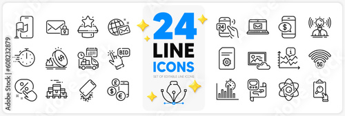 Icons set of Discount button, Phone payment and Photo cloud line icons pack for app with Bid offer, Inspect, Boxes pallet thin outline icon. Delivery, E-mail, Secure mail pictogram. Vector