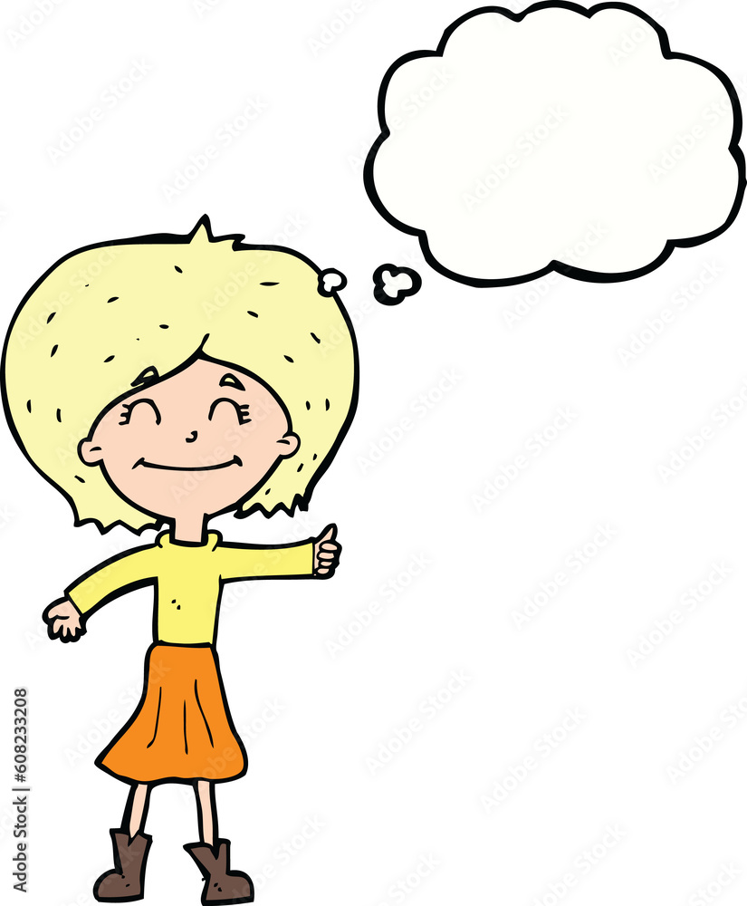cartoon happy girl giving thumbs up symbol with thought bubble cartoon happy girl giving thumbs up symbol with thought bubble