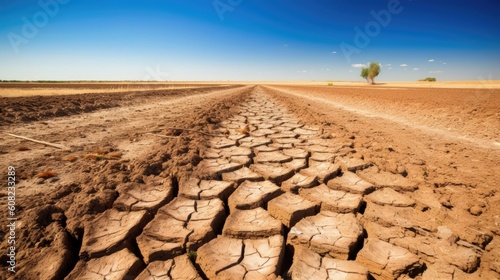The drought has taken its toll on the once fertile farmland, leaving behind a scene of devastation. The earth's surface is cracked and fissured. Generated by AI.