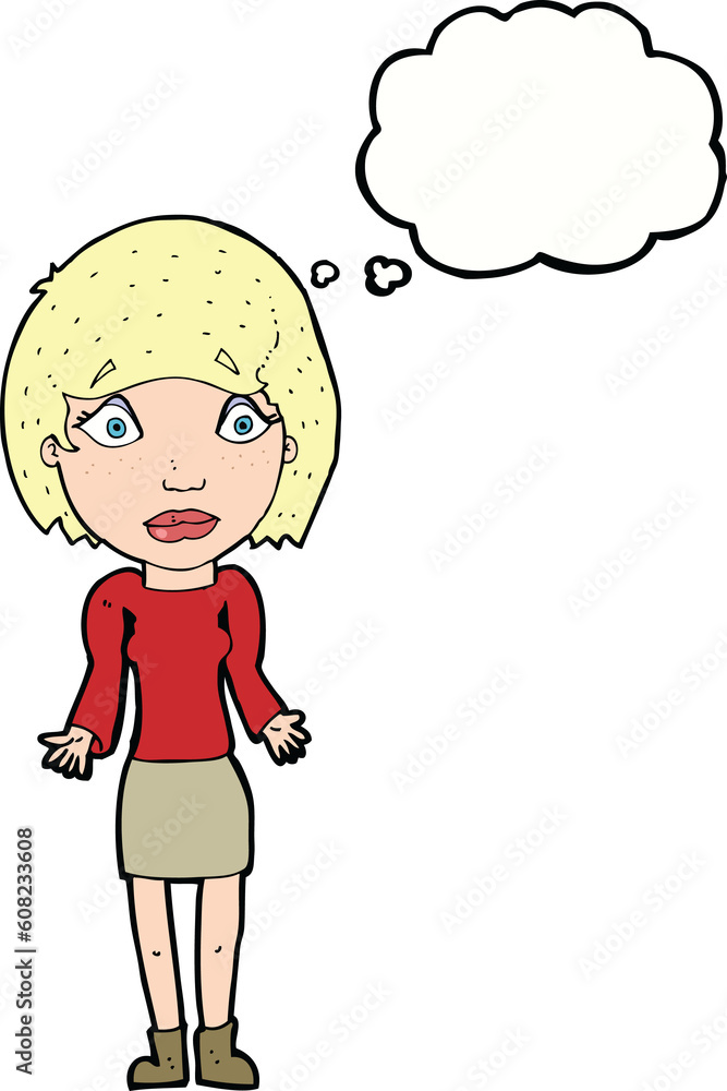 cartoon woman shrugging shoulders with thought bubble cartoon woman shrugging shoulders with thought bubble