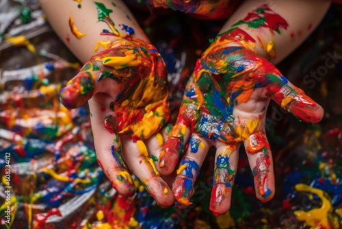 child dirty hands in colorful paint generative ai