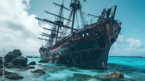 Uncover the secrets of the Bermuda Triangle with an immersive 8K exploration, as the specter of a ghost ship glides through the mist. Generated by AI.
