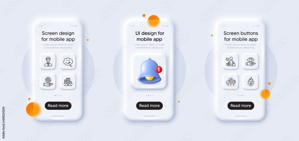 Obraz premium Safe planet, Businessman person and Heart flame line icons pack. 3d phone mockups with bell alert. Glass smartphone screen. Like, Health eye, Inventory web icon. Vector