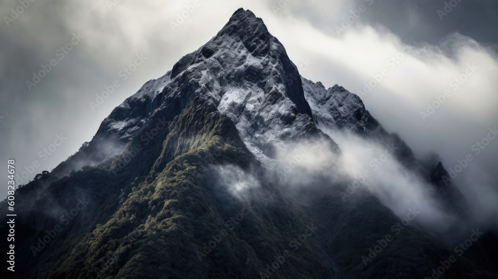 High above the earthly realm, a mountain peak stands tall, its summit veiled in swirling clouds of enigma. It beckons adventurers and seekers to ascend. Generated by AI.