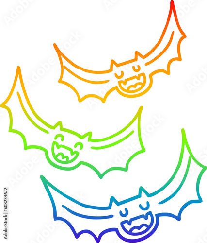 rainbow gradient line drawing of a cartoon vampire bats