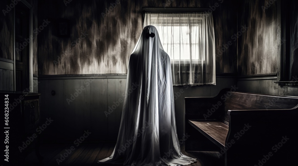 Unveil the secrets of a haunted house as a phantom apparition lurks in the sinister shadows, emanating an otherworldly presence. Generated by AI. Unveil the secrets of a haunted house as a phantom apparition lurks in the sinister shadows, emanating an otherworldly presence. Generated by AI.
