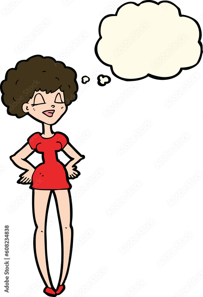 cartoon happy woman with hands on hips with thought bubble cartoon happy woman with hands on hips with thought bubble
