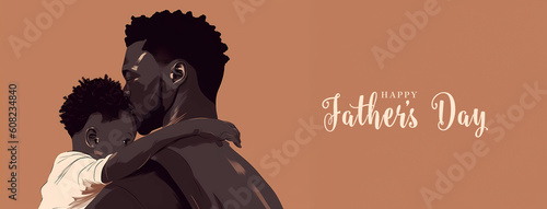 Illustration of african american father with his little son, on brown background. Concept of Father's day., fathers love, relationships between dad and child. Created with Generative AI technology.