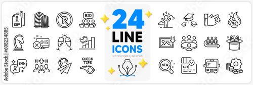 Icons set of No parking, Online auction and New products line icons pack for app with Medical staff, Money, Marketing strategy thin outline icon. Paper plane, Reject access. Vector