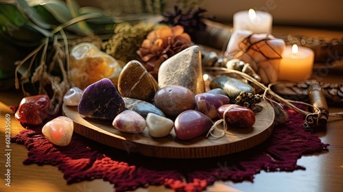 In the sacred ritual of divination, practitioners harness the power of sacred stones to seek guidance and insight from the spiritual realms. Generated by AI.