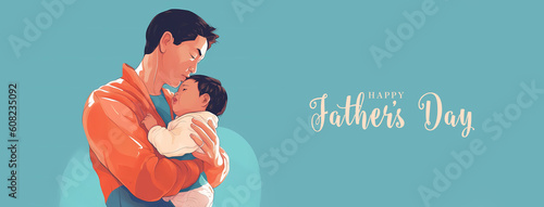 Illustration of asian father with his little son, on green background. Concept of Father's day, fathers love, relationships between dad and child. Created with Generative AI technology.