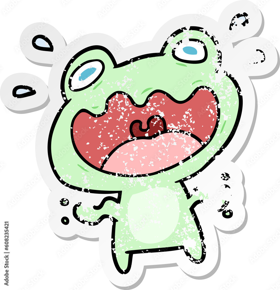 distressed sticker of a cartoon frog frightened distressed sticker of a cartoon frog frightened