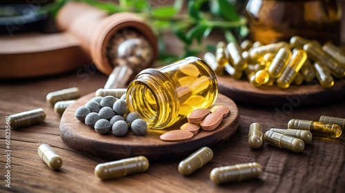Enhance your overall health naturally with a range of carefully formulated natural supplements. Packed with vitamins, minerals, and plant-based extracts. Generated by AI.