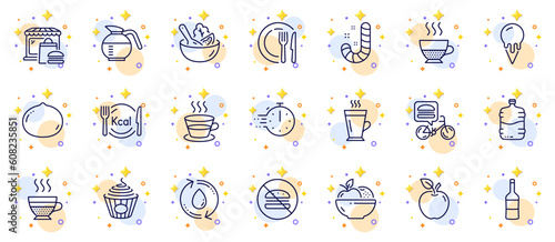 Outline set of Refill water, Calories and Ice cream line icons for web app. Include Food delivery, Fruits, Dish pictogram icons. Macadamia nut, Wine, Coffeepot signs. Salad, Apple. Vector
