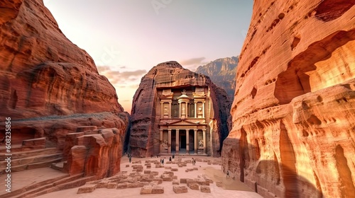 Discover the hidden secrets of Petra, the ancient "Rose City" of Jordan, on an unforgettable tour through its majestic ruins. Generated by AI.