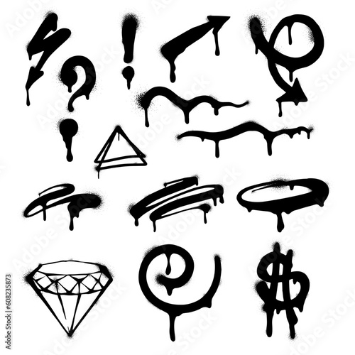 Set of black graffiti spray collection of symbols. Elements on white background for banner, decoration, street art and ads eps 10