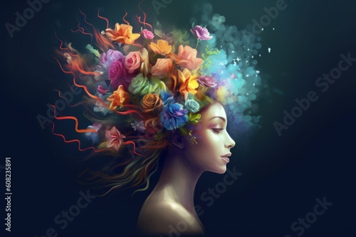 Woman with flowers in the hair. Beautiful illustration picture. Generative AI