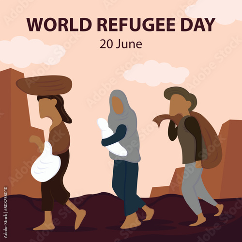 illustration vector graphic of people flocked across the plains of the valley to seek refuge, perfect for international day, world refugee day, celebrate, greeting card, etc.