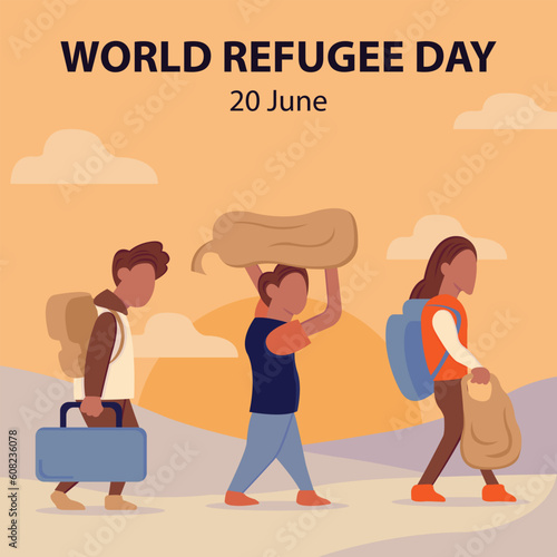 illustration vector graphic of people walking through the desert carrying luggage, perfect for international day, world refugee day, celebrate, greeting card, etc.