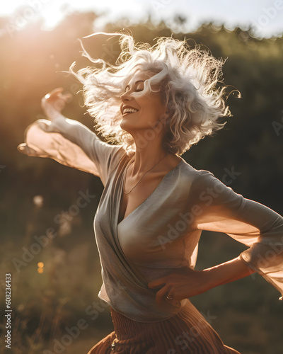 A beautiful middle aged woman dancing in the sunshine in the nature - Generative AI photo