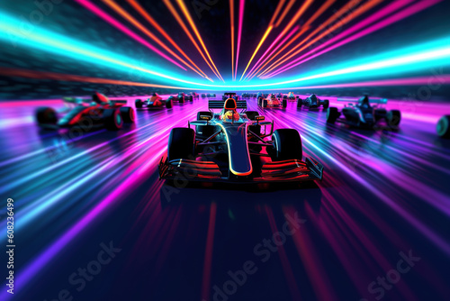 Formula One Car with Neon Light Speed Track Created with Generative AI Technology