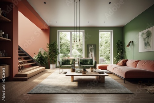 Modern living room, trendy combination of pistachio and terracotta colors. Comfortable sofa and armchair, coffee table, vintage carpet, wooden stairs to the second floor. Generative AI © Georgii