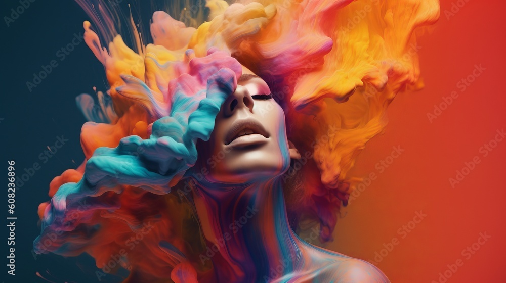Brilliant colored paint on woman. Beautiful illustration picture. Generative AI