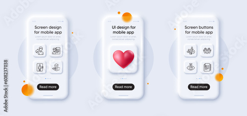 Job interview, Cv documents and Builders union line icons pack. 3d phone mockups with heart. Glass smartphone screen. Approved, Remove team, Elevator web icon. Eye laser, Share pictogram. Vector