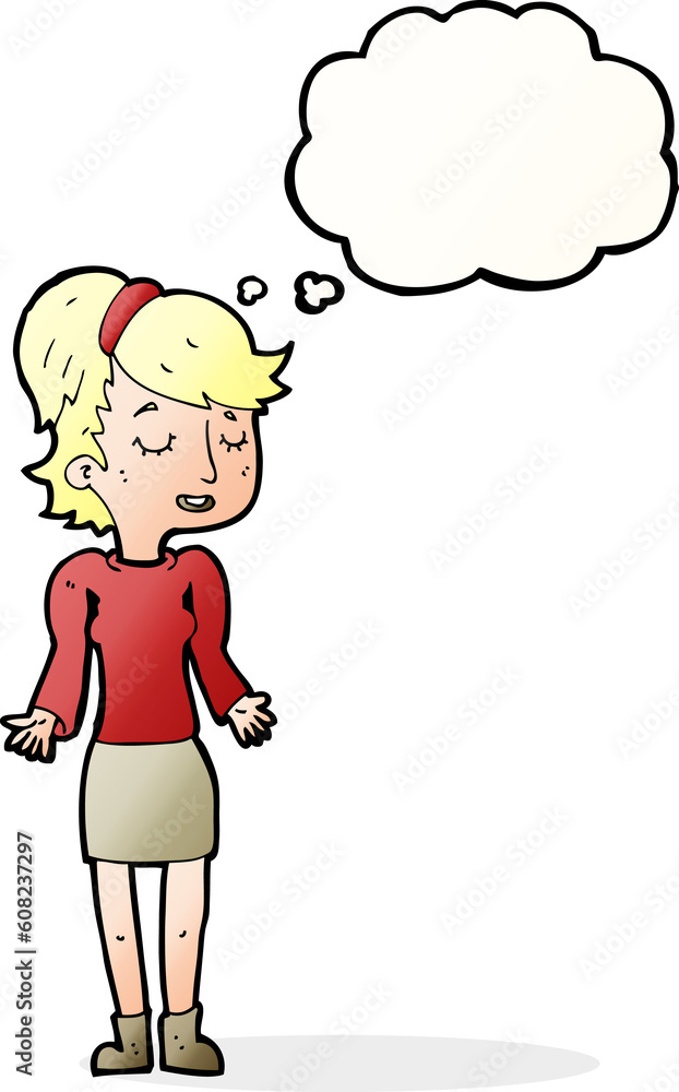 cartoon woman shrugging shoulders with thought bubble cartoon woman shrugging shoulders with thought bubble