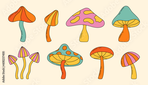 Set of hippie magic mushrooms. Psychedelic colorful abstract mushroom in retro 70s style. Vector illustration