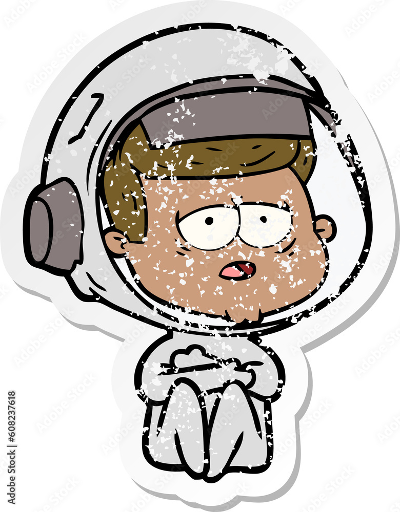 distressed sticker of a cartoon tired astronaut distressed sticker of a cartoon tired astronaut
