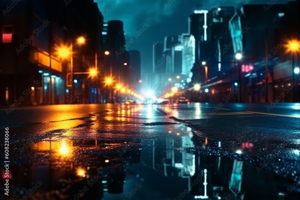 Wet asphalt reflection of neon lights a searchlight smoke. Generative AI Wet asphalt reflection of neon lights a searchlight smoke. Generative AI