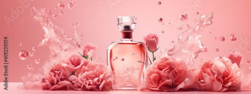 perfume bottle flowers splash banner copy space. Generative AI,