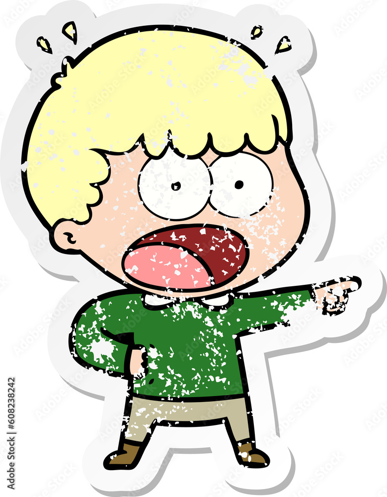 distressed sticker of a cartoon shocked man pointing distressed sticker of a cartoon shocked man pointing